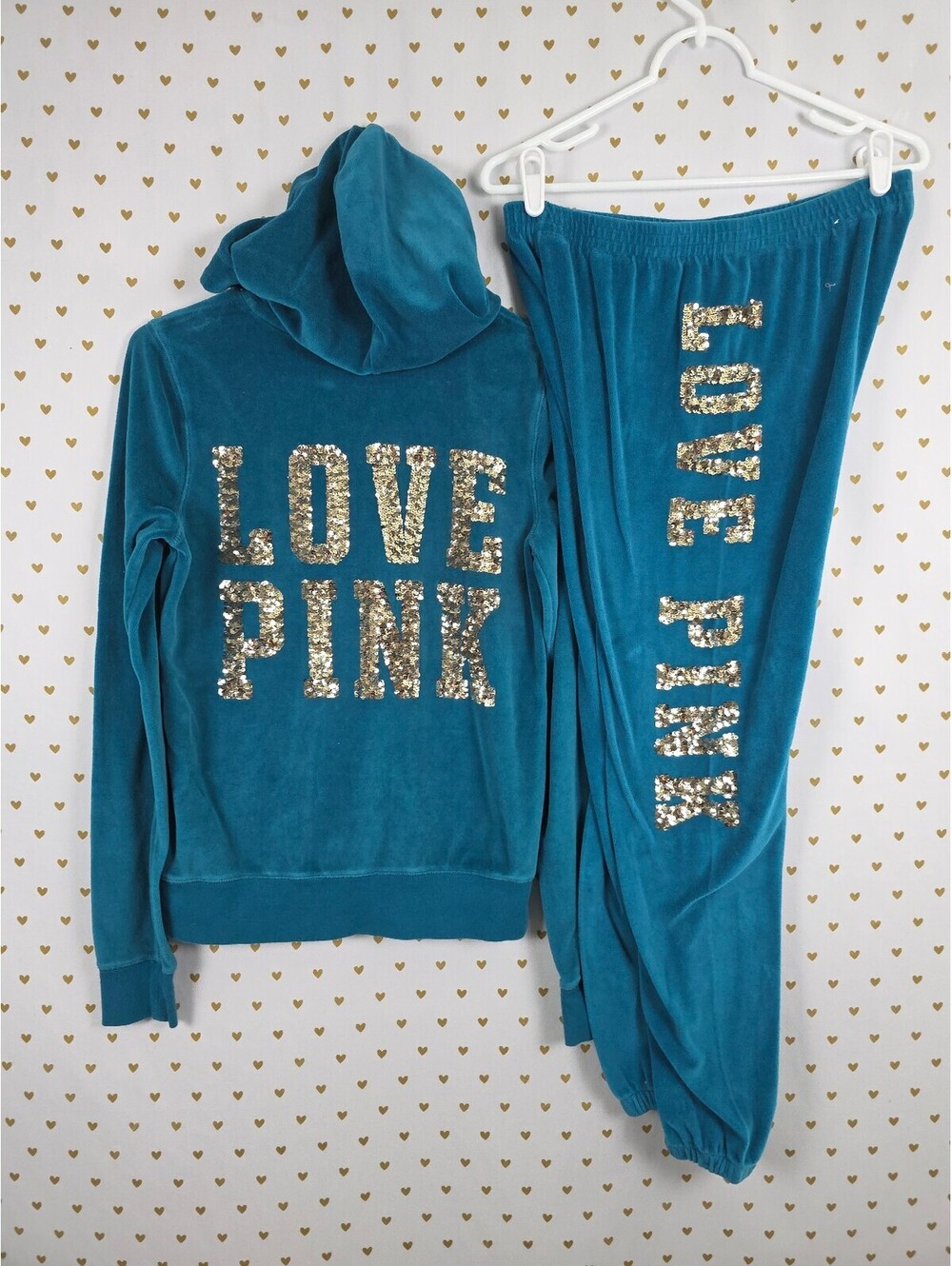 Victorias Secret Pink Velour Teal Bling Sequined Logo Hoodie Sweats SET Medium